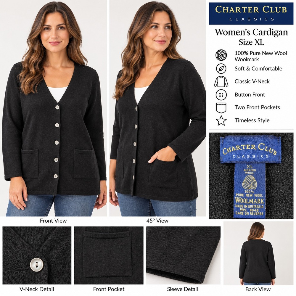 Charter Club Women's XL Classics Merino Wool Cardigan Black Button Front Sweater
